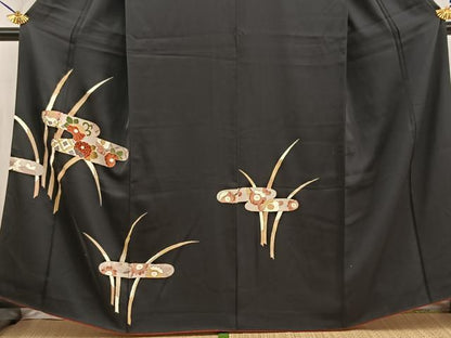 平和屋着物■訪問着　エ霞草花文　黒地　金彩　三越扱い　正絹　逸品　BAAW2795yc