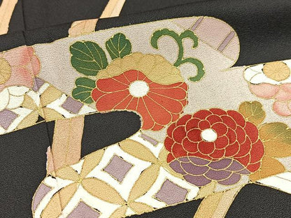 平和屋着物■訪問着　エ霞草花文　黒地　金彩　三越扱い　正絹　逸品　BAAW2795yc