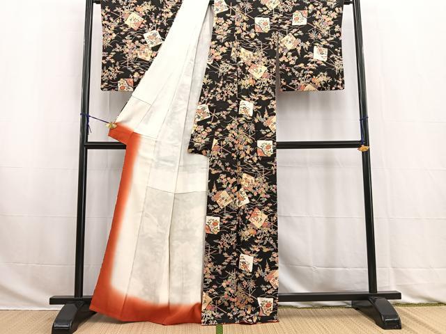 平和屋着物■上質な小紋 型染め 破れ色紙草花文 黒地 正絹 逸品 BAAW2843yc