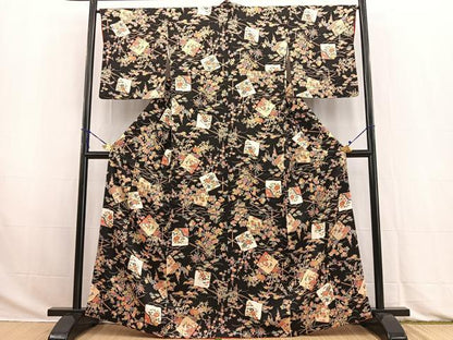 平和屋着物■上質な小紋 型染め 破れ色紙草花文 黒地 正絹 逸品 BAAW2843yc