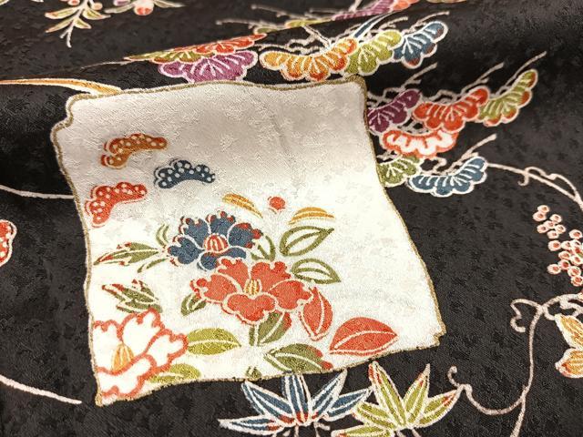 平和屋着物■上質な小紋 型染め 破れ色紙草花文 黒地 正絹 逸品 BAAW2843yc