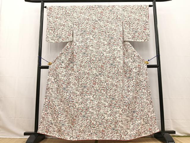 平和屋着物■上質な小紋　型染め　御所車風景花文　正絹　逸品　未使用　BAAW2857yc