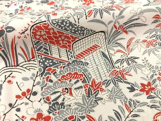 平和屋着物■上質な小紋　型染め　御所車風景花文　正絹　逸品　未使用　BAAW2857yc