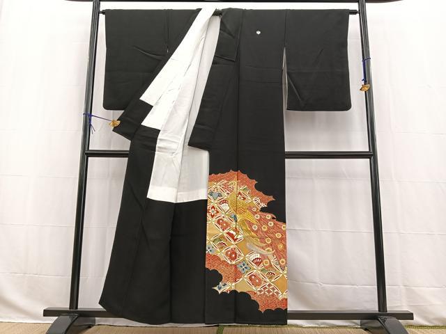 平和屋着物■豪華黒留袖　駒刺繍　孔雀吉祥花文　金彩　銀糸　正絹　逸品　BAAW2861yc