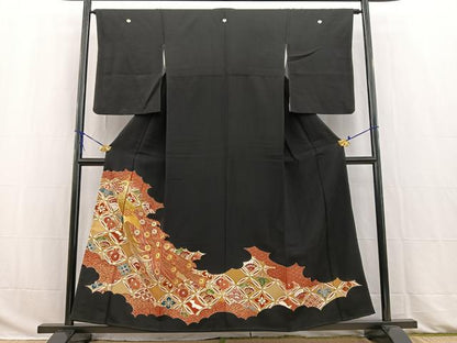 平和屋着物■豪華黒留袖　駒刺繍　孔雀吉祥花文　金彩　銀糸　正絹　逸品　BAAW2861yc