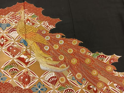 平和屋着物■豪華黒留袖　駒刺繍　孔雀吉祥花文　金彩　銀糸　正絹　逸品　BAAW2861yc