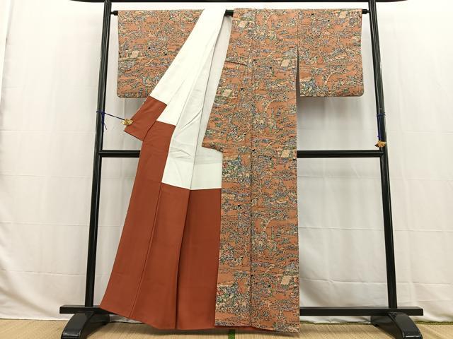 平和屋着物■上質な小紋 ろうけつ染め 人物風景文 お召縮緬 正絹 逸品 BAAW2866yc
