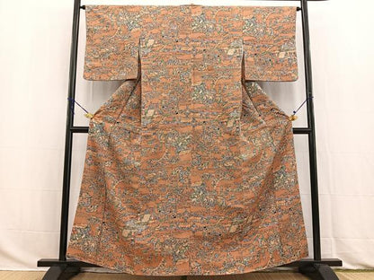 平和屋着物■上質な小紋 ろうけつ染め 人物風景文 お召縮緬 正絹 逸品 BAAW2866yc