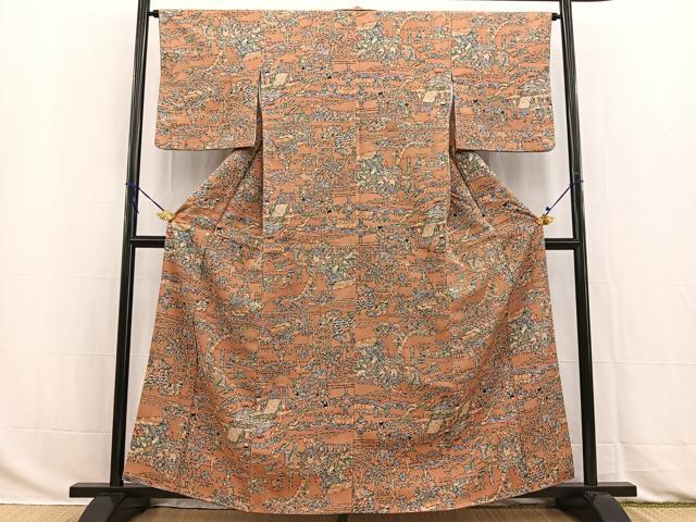 平和屋着物■上質な小紋 ろうけつ染め 人物風景文 お召縮緬 正絹 逸品 BAAW2866yc
