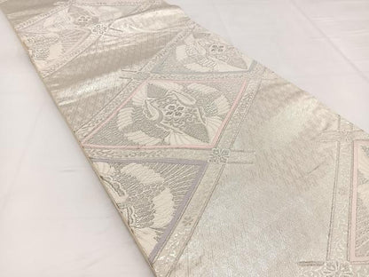平和屋着物◎六通柄袋帯　唐織　双鶴花文　銀糸　正絹　逸品　BAAW2963yc