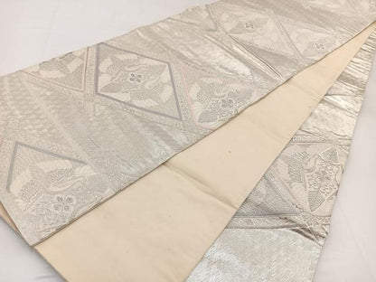 平和屋着物◎六通柄袋帯　唐織　双鶴花文　銀糸　正絹　逸品　BAAW2963yc