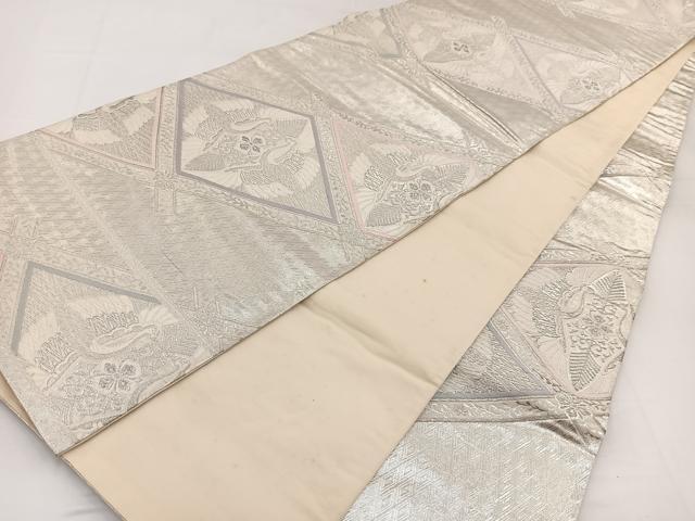 平和屋着物◎六通柄袋帯　唐織　双鶴花文　銀糸　正絹　逸品　BAAW2963yc
