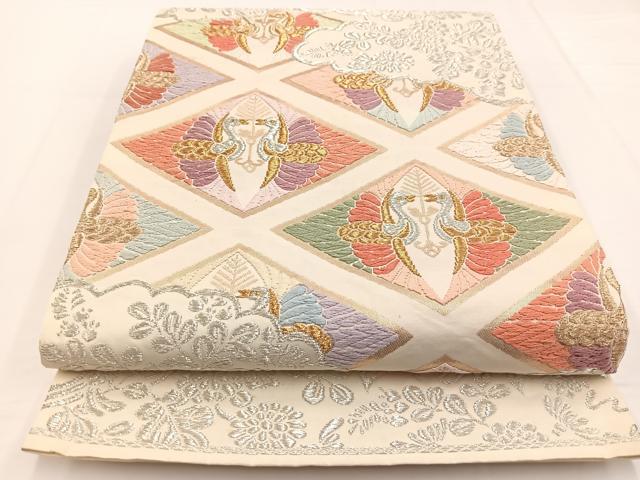 平和屋着物◎六通柄袋帯　唐織　双鶴雲取り花文　金銀糸　正絹　逸品　BAAW2965yc
