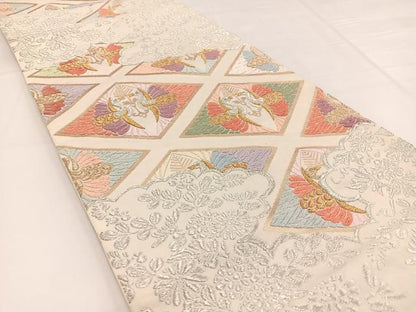 平和屋着物◎六通柄袋帯　唐織　双鶴雲取り花文　金銀糸　正絹　逸品　BAAW2965yc