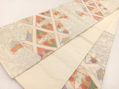 平和屋着物◎六通柄袋帯　唐織　双鶴雲取り花文　金銀糸　正絹　逸品　BAAW2965yc