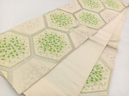 平和屋着物◎六通柄袋帯　唐織　亀甲花文　銀糸　正絹　逸品　BAAW2969yc