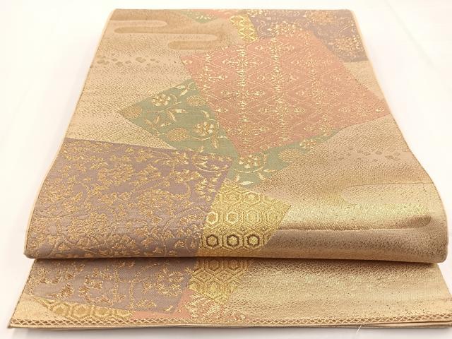 平和屋着物◎六通柄袋帯　色紙重ね更紗花文　金糸　正絹　逸品　BAAW2970yc