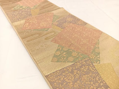 平和屋着物◎六通柄袋帯　色紙重ね更紗花文　金糸　正絹　逸品　BAAW2970yc