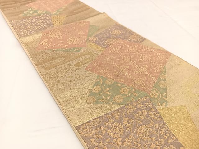 平和屋着物◎六通柄袋帯　色紙重ね更紗花文　金糸　正絹　逸品　BAAW2970yc