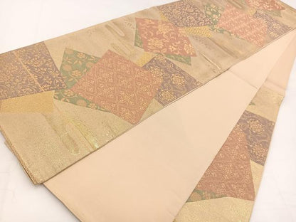 平和屋着物◎六通柄袋帯　色紙重ね更紗花文　金糸　正絹　逸品　BAAW2970yc