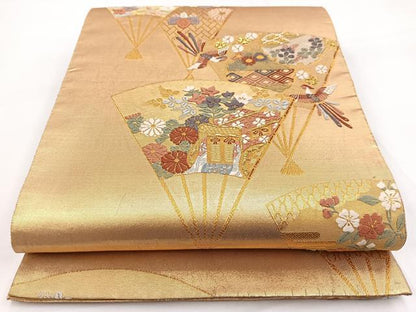 平和屋着物◎六通柄袋帯　唐織　鳳凰御所車扇花文　金糸　正絹　逸品　BAAW2971yc