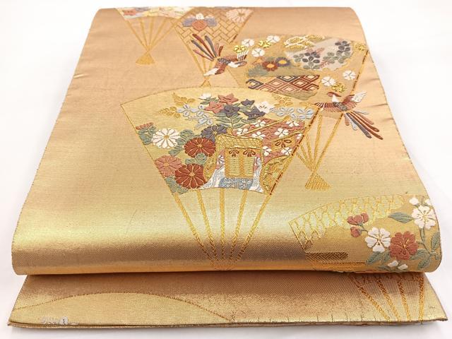 平和屋着物◎六通柄袋帯　唐織　鳳凰御所車扇花文　金糸　正絹　逸品　BAAW2971yc
