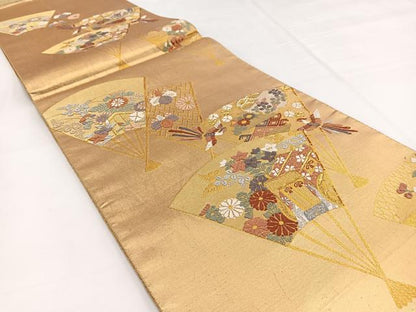 平和屋着物◎六通柄袋帯　唐織　鳳凰御所車扇花文　金糸　正絹　逸品　BAAW2971yc
