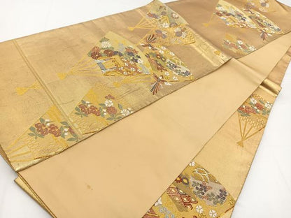 平和屋着物◎六通柄袋帯　唐織　鳳凰御所車扇花文　金糸　正絹　逸品　BAAW2971yc