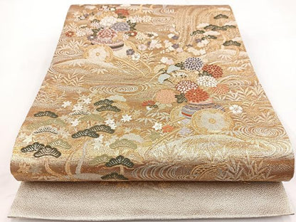 平和屋着物◎六通柄袋帯　唐織　流水花車文　金銀糸　正絹　逸品　BAAW2972yc