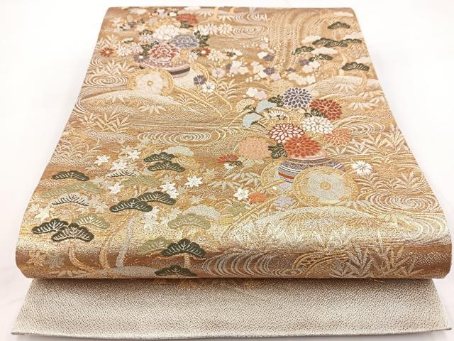 平和屋着物◎六通柄袋帯　唐織　流水花車文　金銀糸　正絹　逸品　BAAW2972yc