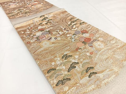 平和屋着物◎六通柄袋帯　唐織　流水花車文　金銀糸　正絹　逸品　BAAW2972yc