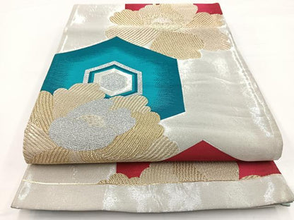 平和屋着物◎六通柄袋帯 唐織 亀甲牡丹文 金銀糸 正絹 逸品 BAAW2979yc