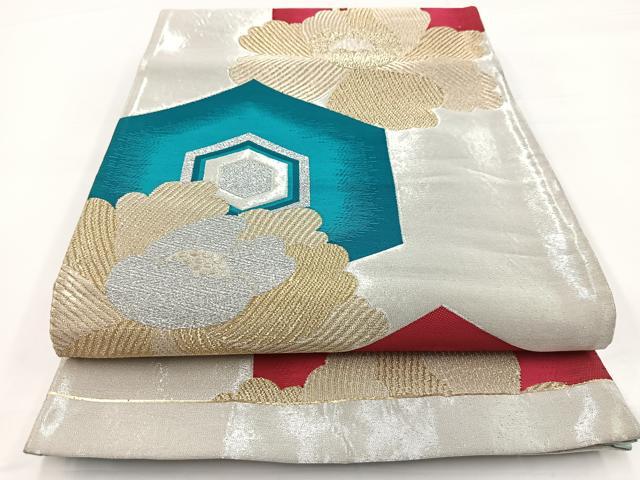 平和屋着物◎六通柄袋帯 唐織 亀甲牡丹文 金銀糸 正絹 逸品 BAAW2979yc