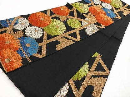平和屋着物◎六通柄　本袋帯　唐織　竹垣菊文　黒地　金糸　BAAW2983yc