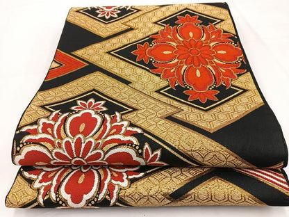 平和屋着物◎六通柄　京袋帯　唐織　松皮菱花文　黒地　金糸　BAAW2988yc