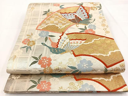 平和屋着物◎六通柄袋帯　唐織　地紙花蝶文　金銀糸　正絹　逸品　BAAW2989yc