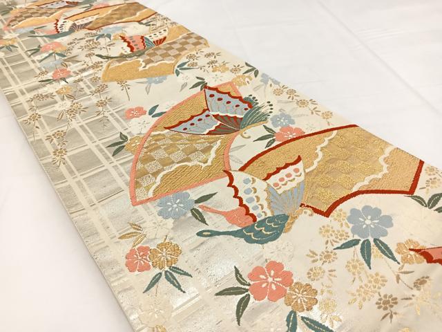 平和屋着物◎六通柄袋帯　唐織　地紙花蝶文　金銀糸　正絹　逸品　BAAW2989yc