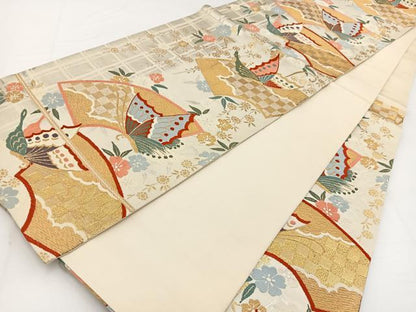 平和屋着物◎六通柄袋帯　唐織　地紙花蝶文　金銀糸　正絹　逸品　BAAW2989yc
