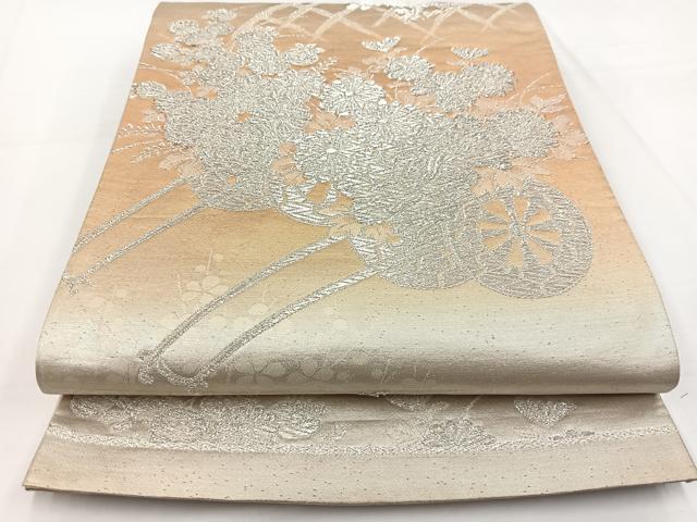 平和屋着物◎六通柄袋帯　花車文　銀糸　引箔　正絹　逸品　BAAW2997yc