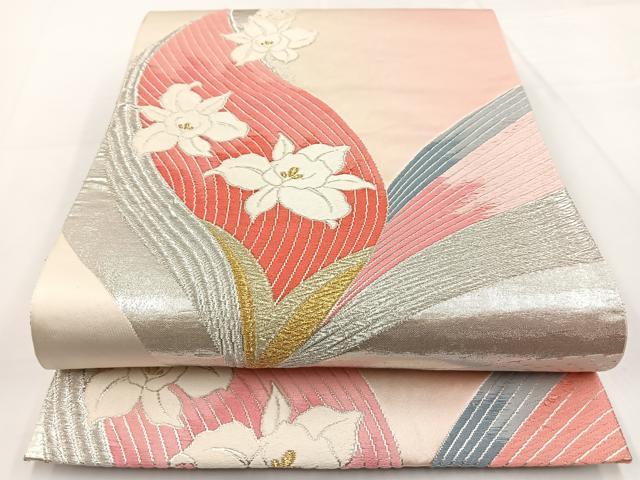 平和屋着物◎両面　六通柄袋帯　唐織　カトレア　金銀糸　正絹　逸品　BAAW3000yc