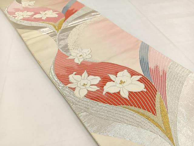 平和屋着物◎両面　六通柄袋帯　唐織　カトレア　金銀糸　正絹　逸品　BAAW3000yc