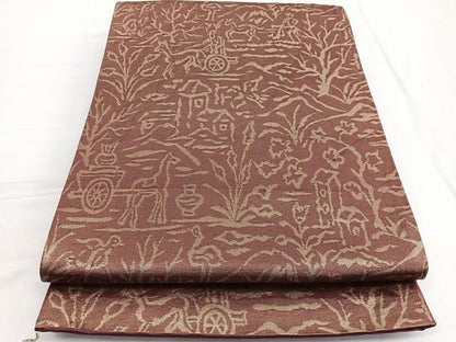 平和屋着物◎六通柄袋帯　動物人物風景文　金糸　正絹　逸品　BAAW3005hv