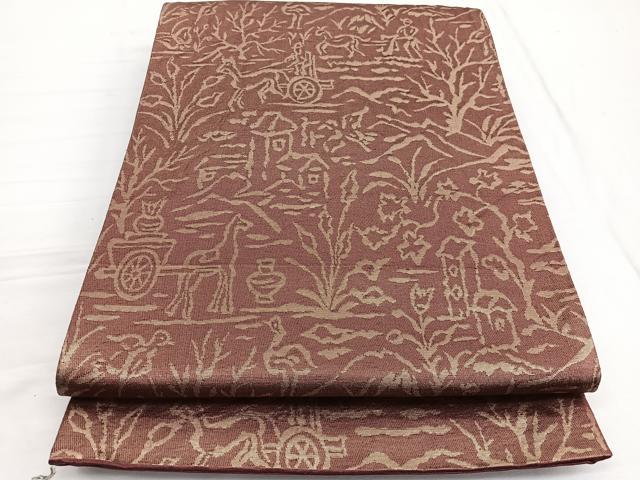平和屋着物◎六通柄袋帯　動物人物風景文　金糸　正絹　逸品　BAAW3005hv