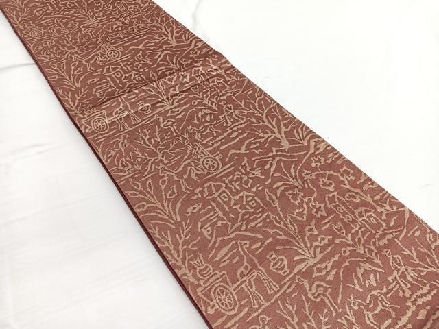 平和屋着物◎六通柄袋帯　動物人物風景文　金糸　正絹　逸品　BAAW3005hv