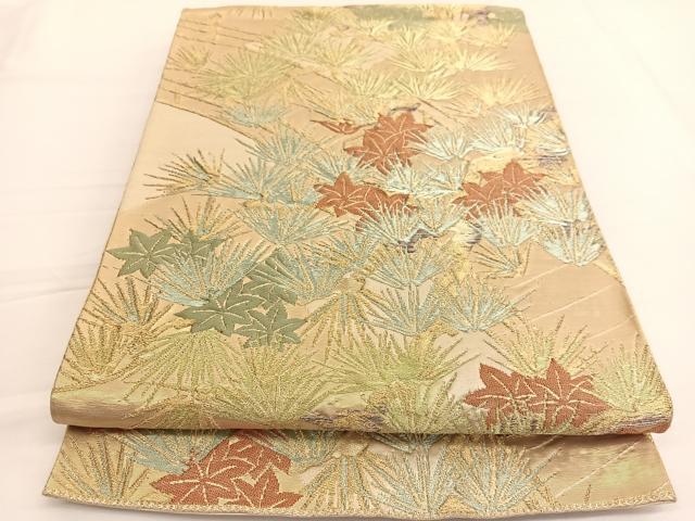 平和屋着物◎六通柄袋帯 渡橋松楓文 金糸 正絹 逸品 BAAW3030hv
