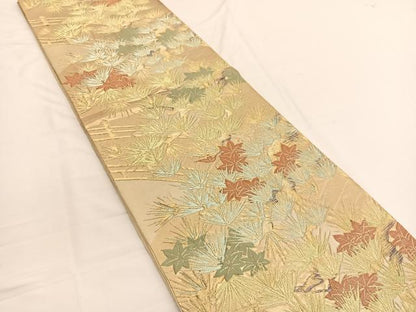 平和屋着物◎六通柄袋帯 渡橋松楓文 金糸 正絹 逸品 BAAW3030hv