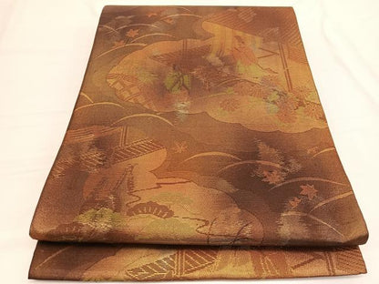 平和屋着物◎六通柄袋帯　人物風景文　金糸　正絹　逸品　BAAW3041hv