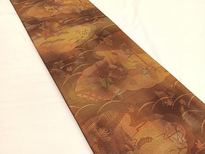 平和屋着物◎六通柄袋帯　人物風景文　金糸　正絹　逸品　BAAW3041hv