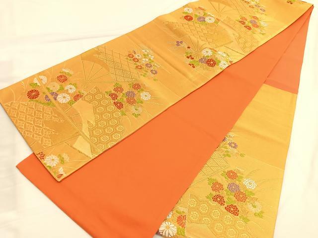 平和屋着物◎六通柄袋帯　唐織　扇面」有職花文　金糸　正絹　逸品　BAAW3042hv