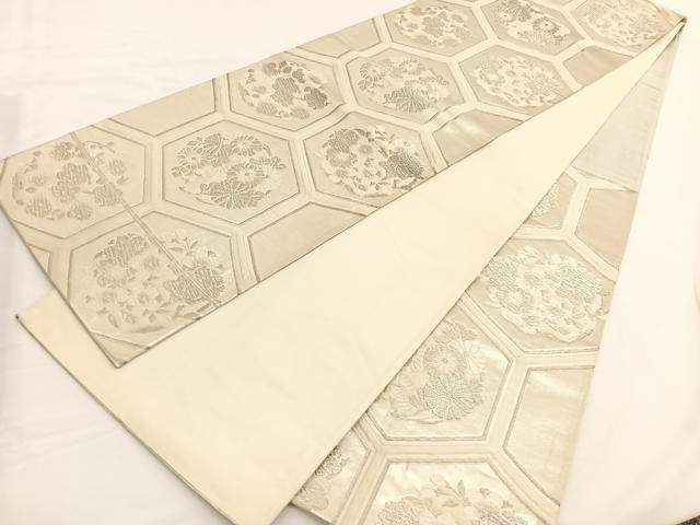 平和屋着物◎　西陣　六通柄袋帯　唐織　亀甲花文　銀糸　正絹　逸品　BAAW3048hv